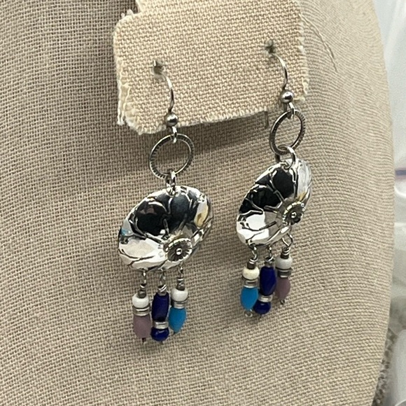 90's Handmade Sterling Silver Shell Drop Earrings with Beaded Accents - Picture 8 of 17